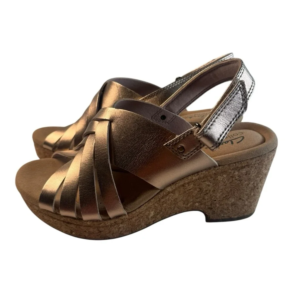 Clarks Collection Womens Metallic rRose Strappy Cork Wedge Sandals 7.5 M